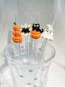 1 件/5 件/1 套万圣节卡通形状可重复使用玻璃吸管，吸管套可爱幽灵、蝙蝠、女巫帽和南瓜图案，透明冰沙、珍珠奶茶、果汁、牛奶、鸡尾酒吸管、派对、万圣节、魔术帽多风格弯曲玻璃吸管 - 彩色 - 查看 4