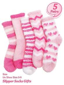 1/3/5双装粉色蓬松袜子，情人节礼物，秋冬季女士加厚保暖袜，不掉毛圣诞礼物 - 粉色 - 查看 1