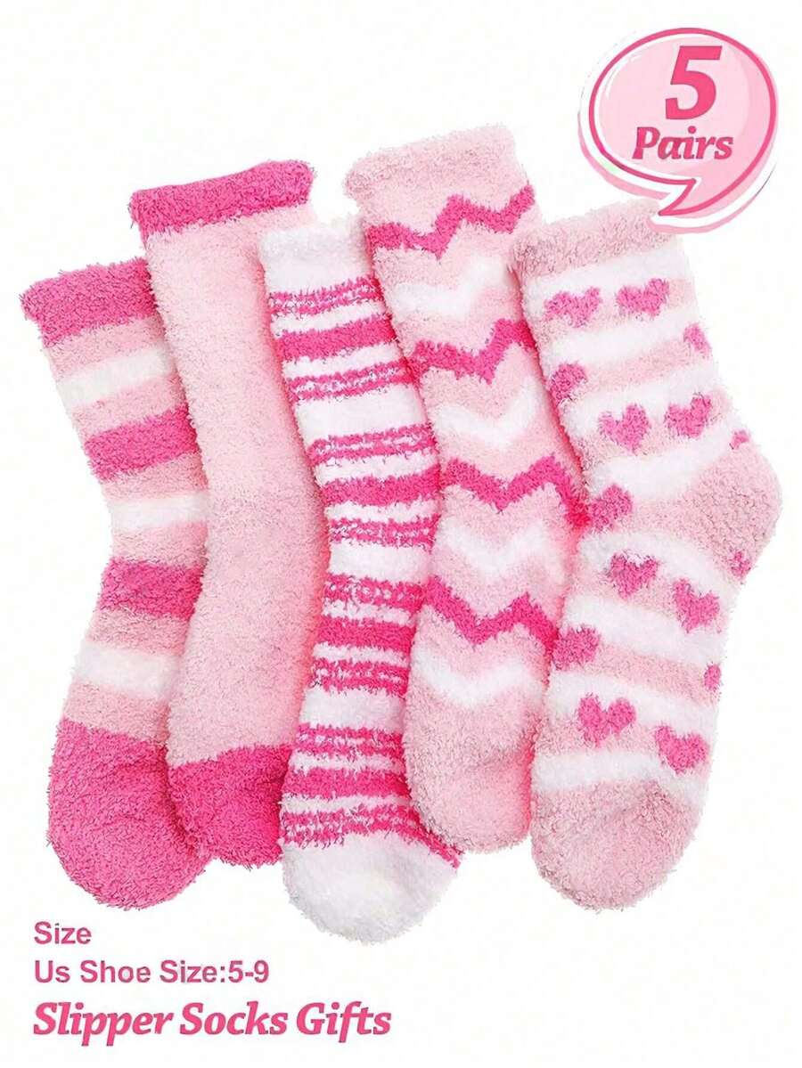 1/3/5双装粉色蓬松袜子，情人节礼物，秋冬季女士加厚保暖袜，不掉毛圣诞礼物 - 粉色 - 查看 1