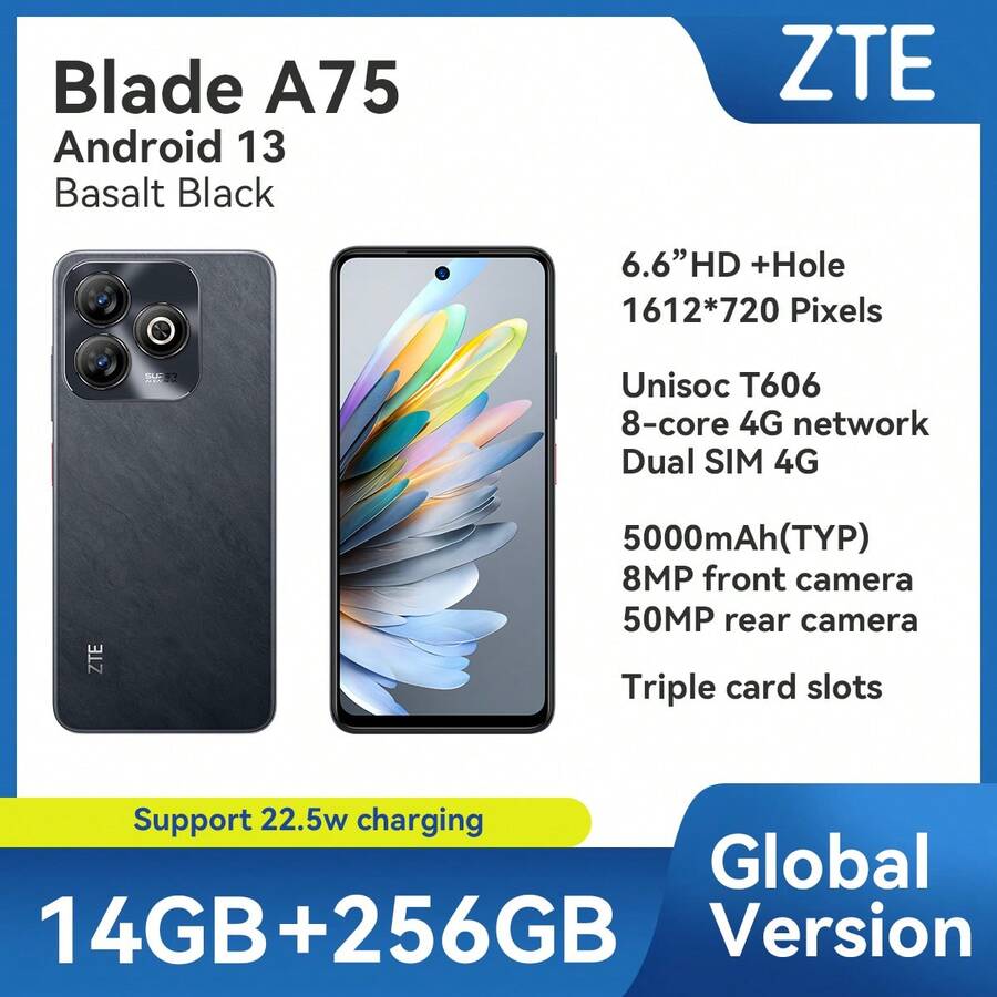ZTE,Smartphone,Blade A75 Ice Blue Basalt Black,Unlocked,Android 13,(4GB RAM+10GB Fusion)+256GB ROM,5000mAh Battery,22.5W Charge,Dual SIM 4G,4G LTE,Global Version - Black - View 1