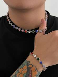 1 Set Luxury High-End Bracelet Fashion Niche Commute Design Jewelry Set, Colorful Crystal Flower Asymmetrical Necklace & Bracelet Exquisite Accessories, Suitable For Holiday Gifts And Attending Important Gatherings - Four-pointed Star - View 6