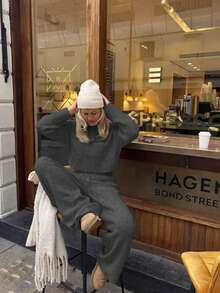 两件套女士休闲外出约会套装，纯色罗纹短裤、针织长袖毛衣和抽绳针织裤，街头风，女士两件套，女士休闲装，女士优雅上衣，女士派对装，Y2K时尚，女士演唱会装，女士春季服装，女士度假装，女士假日装，女士夏季服装 - 灰色 - 查看 2