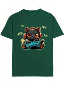 Camiseta de cuello redondo, adecuada tanto para hombres como para mujeres.Diseños adorables de gatos jugadores y gatos de anime, camisetas divertidas para entusiastas casuales de los deportes electrónicos, un regalo para tu novio. - Negro - Ver 9