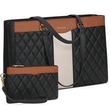 NEWHEY Premium Leather Laptop Tote Set For Women: 15.6 Inch Professional Work Bag With Detachable Clutch. Multi-Functional Computer Briefcase & Purse For Office, Teacher, And Business Travel. - 黑色拼棕色 - 查看 7