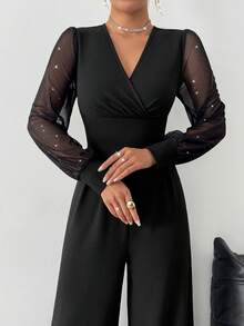 Elegant Black V-Neck Long Sleeve Straight Sheer Mesh Jumpsuit With Rivet Decor, Machine Washable, Exquisite Style - Black - View 8