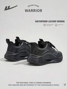 WARRIOR 1 双女式前系带运动鞋，网眼透气防滑耐用舒适百搭轻便跑步鞋，适合户外休闲穿着 - 黑色(皮面) - 查看 7