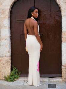 Yess Loren 女士性感露背吊带连衣裙，搭配花卉印花长裙，女士夏季连衣裙，女士夏季服装，女士度假服装，女士黄油黄色连衣裙，黄油黄色连衣裙