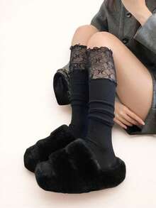 1 双女式白色蕾丝拼布过膝袜，复古风格，可搭配高筒靴 - 黑色 - 查看 10