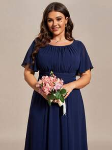 EVERPRETTY Plus Size Elegant Chiffon Ruffle Sleeve Round Neck Blue Formal Dress, Suitable For Special Occasions, Wedding Guest Attire, Mother Of The Bride - Navy Blue - View 6