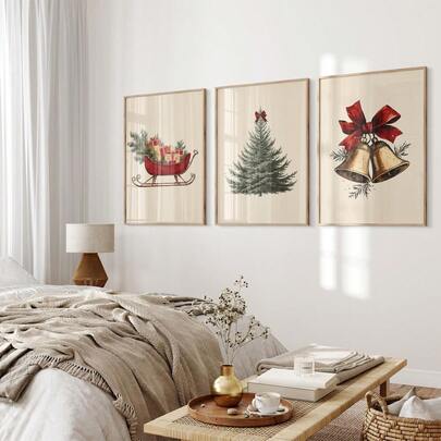 1/3 件无框圣诞墙饰套装可打印冬季装饰，采用复古红色和金色设计，可数字下载圣诞树印刷品，适用于客厅/卧室/宿舍节日装饰、节日派对装饰和礼物（墙面印刷品、房间装饰、时髦海报）