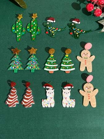 1 par julörhängen, moderiktiga alpacka-, dinosaurie-, kaktus-, pepparkaks- akrylörhängen, festsmycken, lämpliga för festälskare