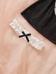 4pcs Maid Costume Set, Black & White Color, Bow Decor, Ruffle Hem, Slit Design, Revealing, Babydoll, Sexy Lingerie Set - Black and White - View 8