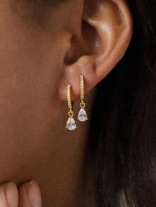 1 Đôi bông tai hình giọt nước đính đá Cubic Zirconia, thời trang dành cho tuổi teen, phù hợp cho các bạn nữ đeo hàng ngày, có thể dùng làm quà tặng hoặc trang trí. - Vàng - Xem 7