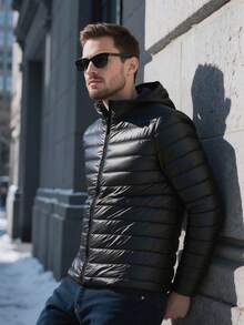 Men's Autumn/Winter Casual Outdoor Long-Sleeved Hooded Quilted Warm Fleece Zipper Jacket - Black - View 6