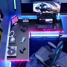 Fashion L-Shaped Gaming Desk With Movable Monitor/Laptop Stand, Modern Game Table, Black Esports Desk, Home Office Desk, Metal Frame Computer Table With Carbon Fiber Desktop, Versatile L Shaped Corner Desk With Light Strip + Headphone Hook + Cup Holder, Area Of Desk Surface: 10.59 Ft² + 1.04 Ft² - & CF Desktop + Light Strip + Cup Holder + Headphone Hook - View 7