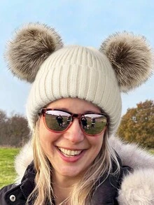 Thermal Lined Cute Winter Beanie Hats For Women Girls Warm Knit Hats With Double Faux Fur Pom Poms - A - View 7