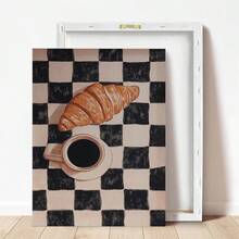 1幅装裱帆布墙画，海报，墙面装饰，网格咖啡和羊角面包图案，食品饮料海报，羊角面包和咖啡设计，咖啡杯墙画，复古厨房图案，生日毕业礼物 - 彩色 - 查看 16