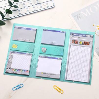 1 Retro Computer Drawing Theme Sticky Note Set With 7 Computer Page Designs, Portable Student Note Classification Label Writing Notes, Self-Adhesive, Reusable Memo, Suitable For School, Office And Home Use, A Must-Have For The Back-To-School Season, Perfect For Retro And Stationery Lovers