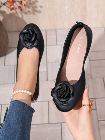 Women's Elegant Black Ballet Flats Spring Summer New Versatile Flat Comfort Soft Lightweight Floral Detail Slip On Work Shoes