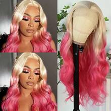 13X4 Ombre Pink Long Wavy Lace Front Wigs For Women Pink Red Color Long Body Wave Synthetic Hair Wigs 180% Density Pre-Plucked Glueless Red Ombre Colored Long Wavy Hair 26 Inch Free Part Soft Natural Look For Daily Party Use - Blonde Pink - 查看 1