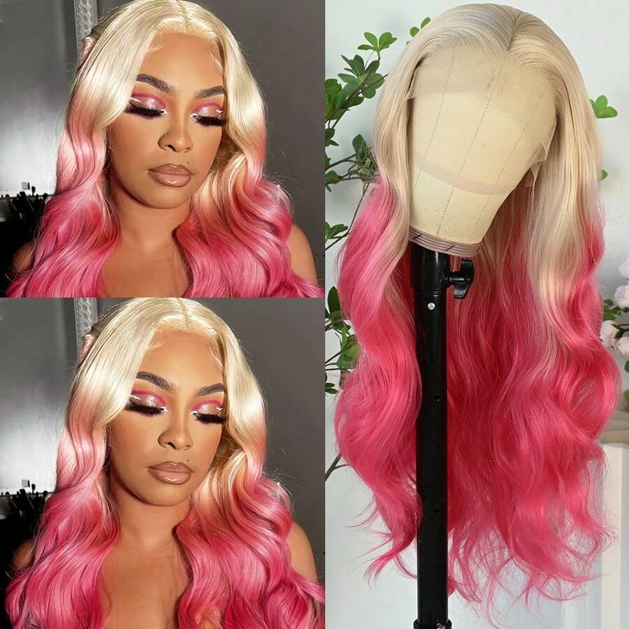 13X4 Ombre Pink Long Wavy Lace Front Wigs For Women Pink Red Color Long Body Wave Synthetic Hair Wigs 180% Density Pre-Plucked Glueless Red Ombre Colored Long Wavy Hair 26 Inch Free Part Soft Natural Look For Daily Party Use - Blonde Pink - 查看 1