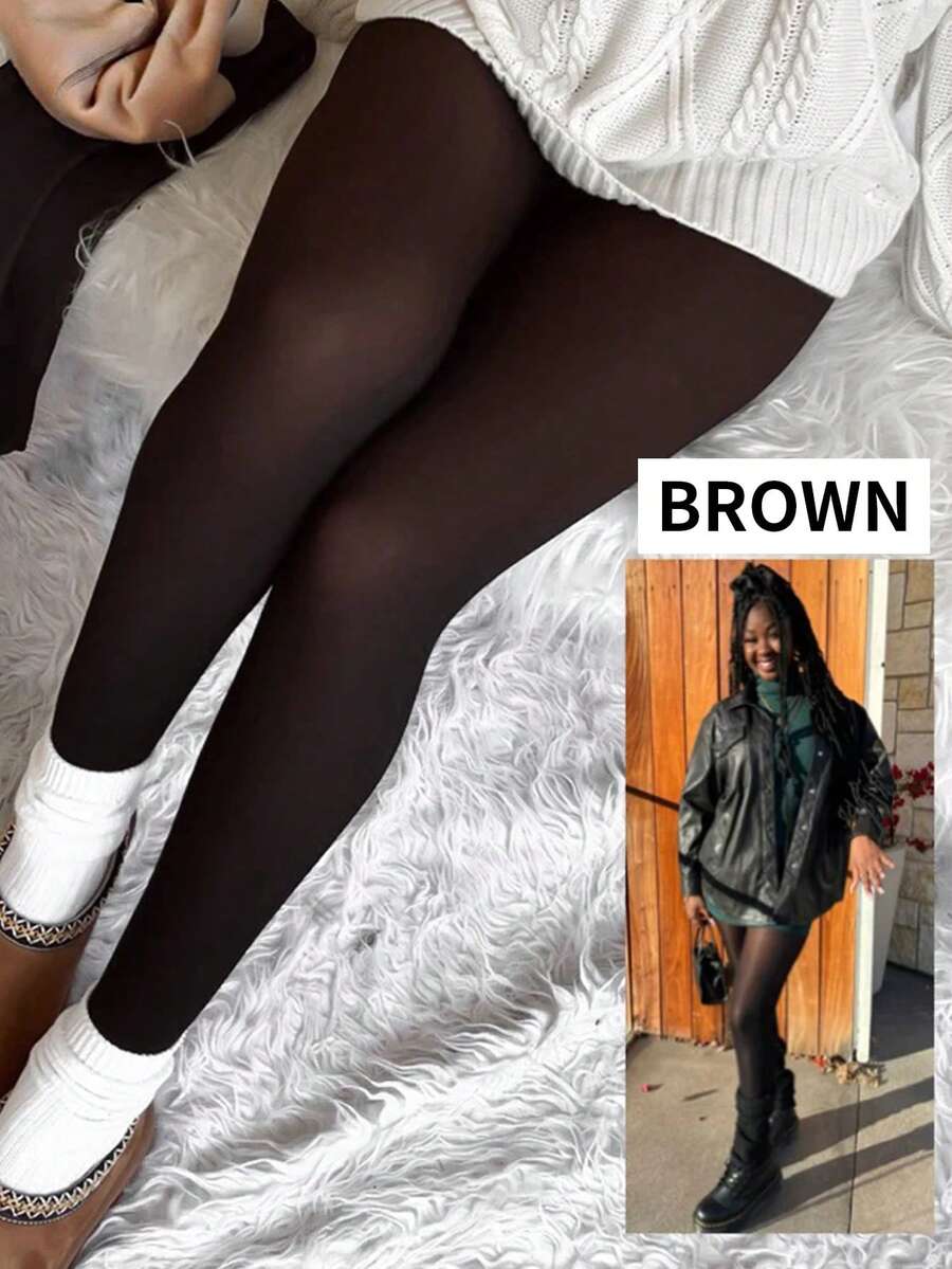 Woman Thermal Tights Sexy Translucent Fleece Leggings Pantyhose Slim Winter Warm Thick Velvet Stockings Female Streetwear Pants - 黑透棕 - 查看 1