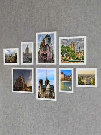8 件现代相框墙拼贴画，无框壁挂相框，适用于客厅/卧室，内含随机风景照片