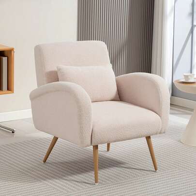 HOMCOM HOMCOM Poltrona per Salotto Imbottita, Poltroncina da Camera in Tessuto Teddy con Cuscino Lombare, Poltrona da Lettura con Gambe Effetto Legno in Metallo per Soggiorno e Studio, 77x77x83 cm, Beige