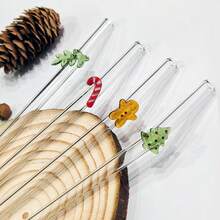 4 包可重复使用弯曲玻璃吸管套装 - 高硼硅玻璃带清洁刷 - 圣诞主题节日设计（圣诞树、拐杖糖、冬青树、姜饼人） - 家居、咖啡厅、派对的理想礼物 - 彩色 - 查看 3