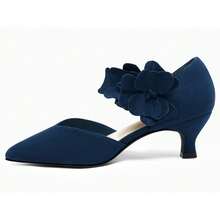 Zapatos de tacón bajo para mujer, con punta cerrada y sin cordones, con flores, cómodos, para fiestas formales y bailes. - Azul Marino - Ver 2
