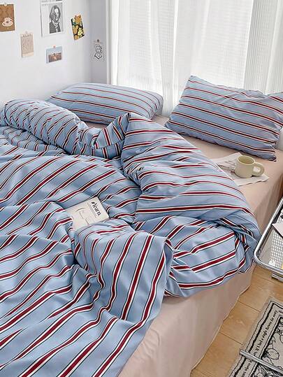 3pcs 100% Polyester Nordic Minimalist Striped Print Duvet Cover Set, 2 Pillowcases + 1 Duvet Cover (No Bed Sheet), Soft & Skin-Friendly, Suitable For All Seasons