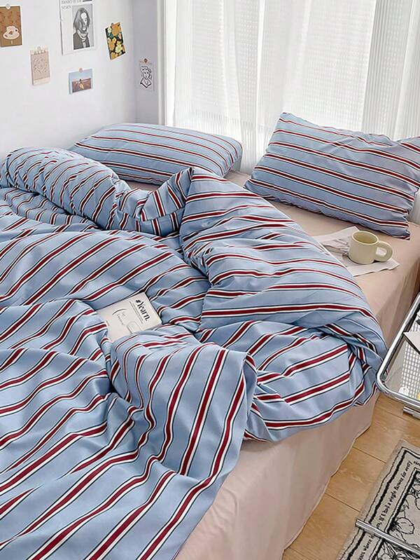 3pcs 100% Polyester Nordic Minimalist Striped Print Duvet Cover Set, 2 Pillowcases + 1 Duvet Cover (No Bed Sheet), Soft & Skin-Friendly, Suitable For All Seasons