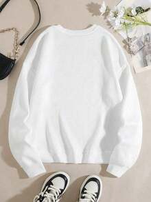 Autumn/Fall And Winter Bestseller 1 PcsEMERY ROSE Plus Size American Flag And Lettering Graphic Thermal Lined Sweatshirt Crew Neck Long Sleeve Sweatshirt, For Winter Graduation,Back To School Outfits,Graduation,Teacher Outfits For Women,Back To School Pullover Fall Outfit Autumn - 白色 - 查看 2