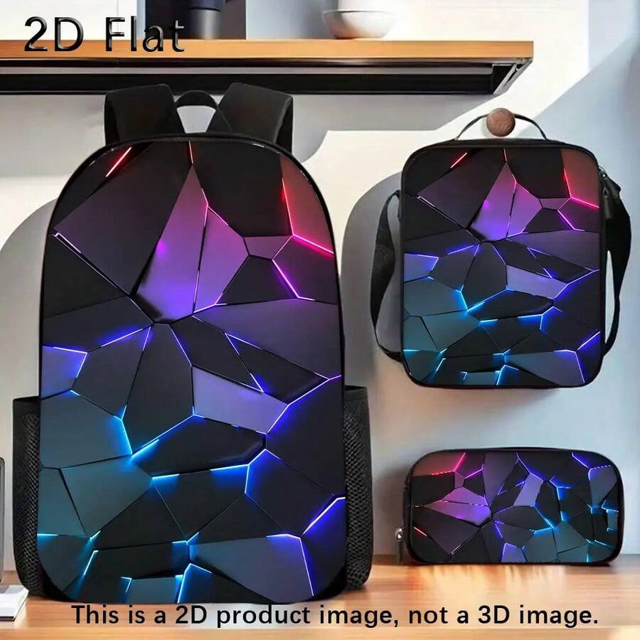 3pcs Gamer Backpack Set With Large Capacity Backpack, Pencil Case & Lunch Bag - Neon Glow--The-Dark Design, Adjustable Shoulder Straps, Durable Polyester, Zippered Compartments - Stylish School, Travel & Commuting Gift For Gamers (Black Base With Neon Patterns), Backpack Purse, Backpack For Women, Leather Backpack For Women, Backpack For Women Travel, Backpack Set For Women, School Essentials, Accessories, Sturdy Construction, Highquality Fabric, Office Workers, Purse For Women - 黑色 - 查看 1