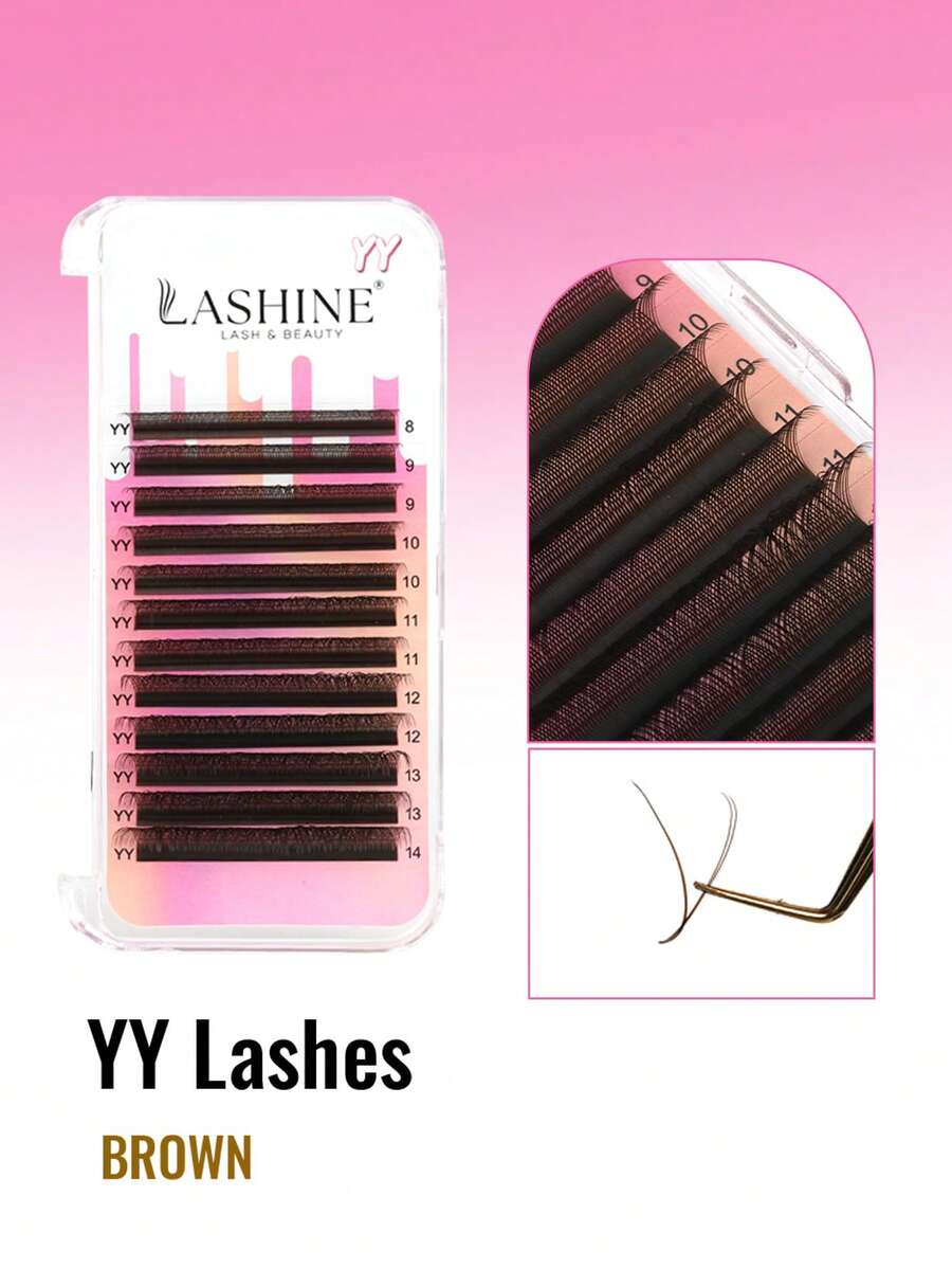 Lashine 12 Rows Brown YY Eyelashes Extensions Y-Shape Lashes D Curl 8-14mm Mixed Length Eyelash Volume Fans 0.07mm Thickness YY Shape Lashes Hand Woven Natural Soft Lash Clusters, Eyelash Clusters, Individual Eyelashes, Lashes, Fake Lashes - Brown - View 1