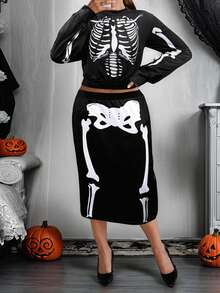 2025 Plus-Size Halloween Costume New Casual Plus-Size Two Pieces Suit, Early Autumn And New Autumn, Day Of The Dead, Easter, Western Style, Parties, Student Costumes, Holiday Restrictions, Role-Playing Dances And Other Scenes, Popular Online Goods, Skull Pattern Printing, Knitted Fabrics, Suitable For Going Out To Wear.