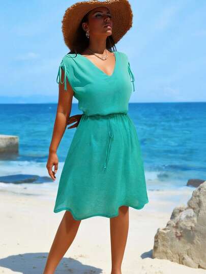 Swim Lushoire Plus Size Women Solid Color Drawstring Waist Pullover Beach Casual Holiday Fashionable Romper Cover Up