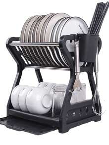 1 Stück schwarzer mehrstöckiger Kunststoff-Geschirrständer mit Abtropfbrett - platzsparende, multifunktionale Aufbewahrung für Küchenutensilien und Geschirr, erhöhtes Regaldesign, Weihnachten