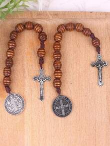 9 Inch St. Benedict Medal Prayer Beads, Catholic Brown Wooden Beads With St. Benedict Medal And Cross - Colorful - View 9