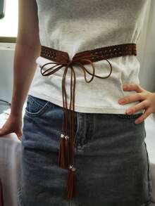 1 件西方女式流苏装饰花朵图案时尚腰带，适合外套和连衣裙，波西米亚风万圣节夏季、学校秋季、秋季、万圣节 - 棕色 - 查看 4