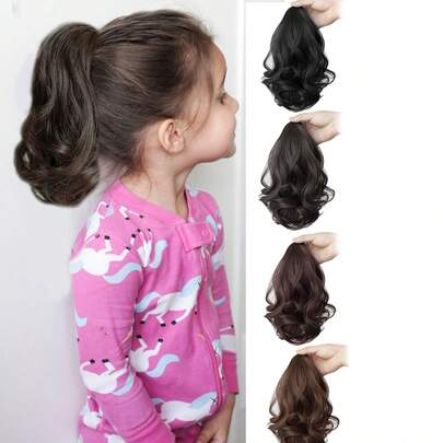 Tóc xoăn cho trẻ em với tóc giả tổng hợp, tóc đuôi ngựa ngắn, tóc xoăn tự nhiên ngắn, kẹp vuốt, tóc tết thấp, tóc nối hình hoa lê, thích hợp cho trẻ em mặc hàng ngày và đi nghỉ