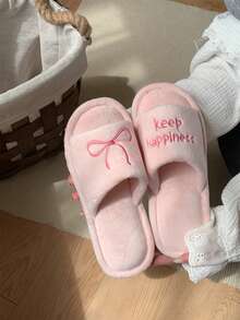 XIXITIAO 1双字母蝴蝶结刺绣平底拖鞋，少女风，百搭室内休闲软底拖鞋，适合秋冬季节，舒适家居拖鞋，饰有字母蝴蝶结图案 - 粉色 - 查看 5