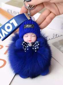1pc Cartoon Doll Keychain With Real Faux Fur Alloy Round Shape Decorative Ladies Key Ring With Ring Buckle Ideal For Bag & Car Key Decoration Perfect For Valentine'S Day Gift 1 Piece Keyring Travel Accessories