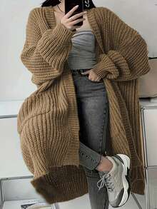 秋冬欧美风时尚休闲口袋针织开衫女宽松纯色优雅长袖大码中长款开襟毛衣 - 卡其色 - 查看 3
