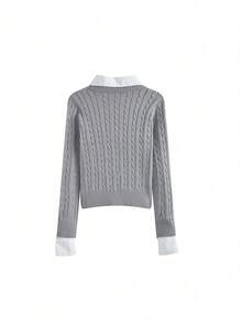 学院风衬衫领设计女式毛衣上衣，新品上市，青春百搭 - 灰色 - 查看 5