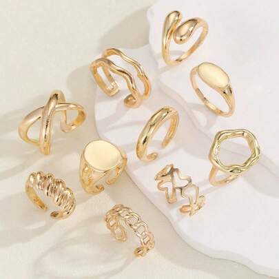 Set de 10 anillos ajustables brillantes para niñas, con diseño geométrico de moda, joyería de mano delicada