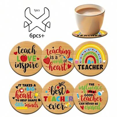 6pcs/Set Thanksgiving & Teacher's Day Appreciation Quotes Printed Round Wooden Coasters, Made Of Heat-Resistant Synthetic Wood, Perfect For Teacher's Day And Thanksgiving Gifts. This 6-Piece Non-Slip Kitchen Set Is Great For Holiday Home Decor And Tableware, Suitable For Coffee Tables, Apartments, And Bar Decorative Coasters