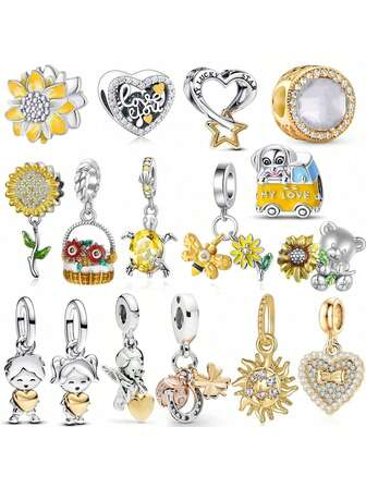 1 Pc Golden Sunflower Sunflower With An "I LOVE YOU" Heart Shape, Featuring Lucky Charms, Full Diamonds, Beaded Beads, Summer Cheerful Plant, Rural Autumn Outing, Golden Turtle, Cute Puppy, Cute Flower Dog, Boy And Girl, Cupid, Seven-Spotted Ladybug, Sun Cactus, Shiny Golden Pendant Decoration, Original Bracelet, Necklace, Bead String Bracelet, DIY Jewelry Making, Gift For Ladies And Girls.