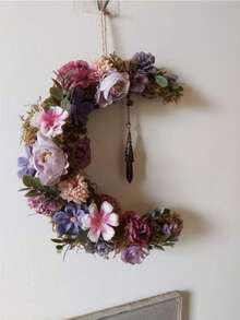 1个新月形葡萄藤花环，适合斋月DIY装饰，木质藤蔓圆形花环，春季花环，饰以人造枫叶、丰收南瓜和松果，适合感恩节、壁炉、窗户、生日派对、家居墙面装饰、情人节、毕业礼物