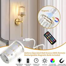 SuperYoPinny Battery Operated Crystal Wall Sconces Set Of 2, Gold Wireless Wall Sconce With USB Rechargeable LED Light Bulbs 12 Colors Dimmable Crystal Wall Lamp With Remote For Bedroom Living Room, Bulbs Included - 金色 - 查看 8